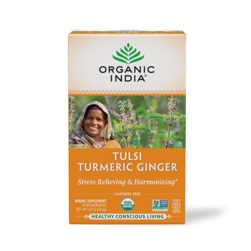 Organic India Tulsi Turmeric Ginger Herbal Tea - Holy Basil, Stress Relieving & Harmonizing, Immune Support, Healthy Inflammatory Response, Aids Digestion, Caffeine-Free - 18 Infusion Bags, 1 Pack 18 Count (Pack of 1)