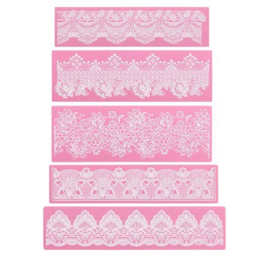 Lace Molds for Cake Decorating, Beasea 5pcs Lace Fondant Molds Silicone Lace Molds, Lace Mats and Molds Pink Flower Pattern Silicone Molds for sugar lace Craft Tools 01.Pink with Floral Style