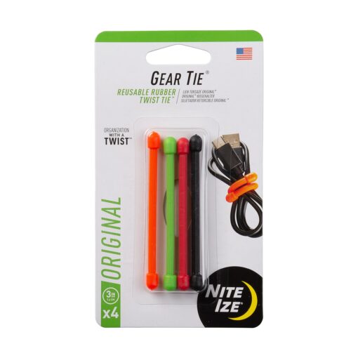 Nite Ize GT3-4PK-A1 Original Gear, Reusable Rubber Twist Tie, Made in The USA, 3-Inch, 3" - 4-Pack, Colors May Vary, 4 Count