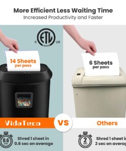 Paper Shredder,VidaTeco 14-Sheet Cross-Cut Shredder with US Patented Cutter,Also Shreds Card/CD,Heavy Duty Paper Shredder for Home Office,Durable&Fast with Jam Proof System,6.6-Gallon Basket (ETL) Cross Cut 14-Sheet 24 717fG8KM7FL