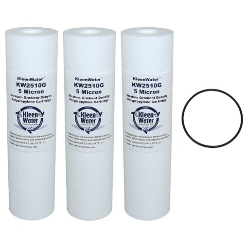 KleenWater KW2510G Dirt Rust Sediment Meltblown Filter, 5 Micron, 2.5 x 10 Inch, Set of 3, Replacement O-ring Qty1, Compatible with GE GXWH04F, GXWH20F, GXWH20S