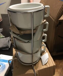 HIC 9-Piece Stackable Cappuccino Coffee Tea Set, Fine White Porcelain, Set Includes 4 (7-Ounce) Cups with Matching Saucers and Metal Stand, Gift Boxed 27 717l5YQwxbL