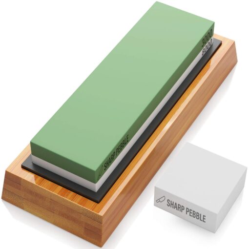 Sharp Pebble Premium Whetstone Knife Sharpening Stone 2 Side Grit 3000/8000 Wetstone Kit -Wet Stone Kitchen Knife Sharpener with Non-Slip Bamboo Base & Flattening Stone