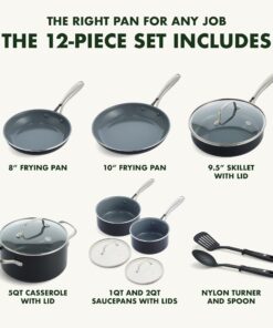 GreenPan Swift Healthy Ceramic Nonstick, 12 Piece Cookware Pots and Pans Set, Stainless Steel Handles, PFAS-Free, Dishwasher Safe, Oven Safe, Black Saucepan Set 21 717xALqquFL