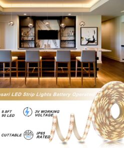 echosari Battery Powered Led Strip Lights with Remote Warm White, 8 Modes, Dimmable, Timer, Self-Adhesive, Cuttable, Waterproof, 9.8FT 90Led Strip Lights for TV Kitchen Cupboard Bedroom Decor 27 7182 xwfdmL
