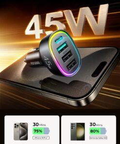 USB C Car Charger, 45W 4 Ports Super Fast Car Charger Adapter, PD 3.0 & QC 3.0 30W Type C Car Charger Compatible with iPhone13 Pro Max/Samsung Galaxy 22/Google Pixel, Cigarette Lighter USB Charger Black 32 7187VzF1iQL
