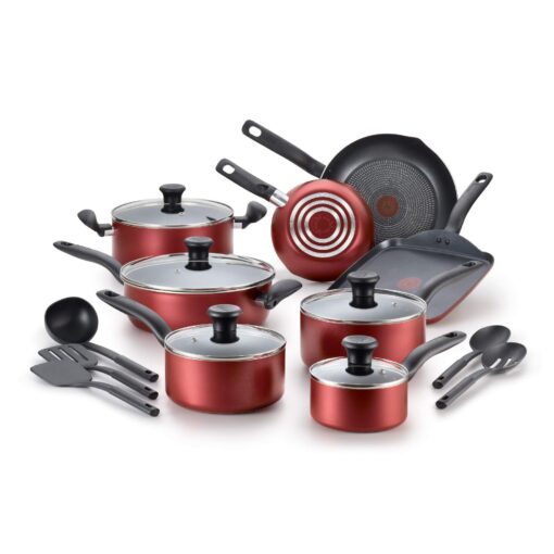 T-fal Initiatives Nonstick Cookware Set 18 Piece Oven Safe 350F Pots and Pans, Dishwasher Safe Red 18-Piece