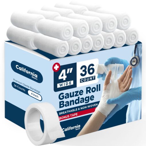 California Basics, Gauze Bandage Rolls with Tape (Pack of 36) - 4 Inch x 4 Yards Stretched Gauze Bandage, Breathable Gauze Wrap Used for First Aid Wound Care & Dressing, Bulk Gauze Rolls 4 Inch 36 Pack