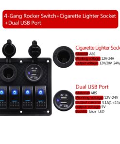 Alternative view of FXC Waterproof Marine Boat Rocker Switch Panel 4 Gang with Dual USB Slot Socket + Cigarette Lighter Blue LED Light for Car Rv Vehicles Truck