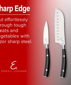 Emeril Lagasse Razor Sharp 2 Piece Chef Knife Set - 5 inch Santoku Knife, 3.5 Inch Stainless Steel Paring Knife, Forged Steel Clad Emerilware - Black Handles 14 718TYuhECLL