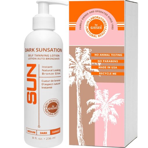 Sun Laboratories By Giesee Dark Sunsation Tinted Self Tanning Lotion 8 oz | Fake Tan, Self Tan, Self Tanner | Organic, Non Toxic Body Bronzer & Face Tanning Lotion | Sunless Tan, Instant Natural Tan, 8 Ounce Very Dark