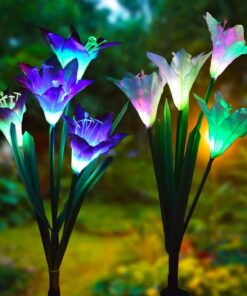 Outdoor Solar Garden Stake Lights - Doingart 2 Pack Solar Powered Lights with 8 Lily Flower, Multi-Color Changing LED Solar Decorative Lights for Garden, Patio, Backyard (Purple and White) Purple & White 22 718gYgRKxoL 3