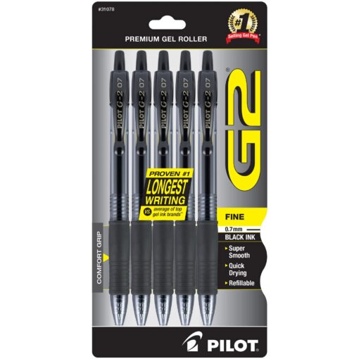 Pilot, G2 Premium Gel Roller Pens, Fine Point 0.7 mm, Black, Pack of 5 1