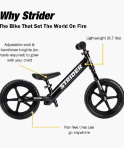 Strider 12” Sport Bike - No Pedal Balance Bicycle for Kids 18 Months to 5 Years - Includes Safety Pad, Padded Seat, Mini Grips & Flat-Free Tires - Tool-Free Assembly & Adjustments STRIDER Black 19 718lW96mdqL 1