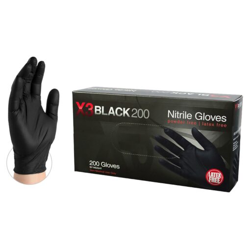 AMMEX X3 Industrial Black Nitrile Gloves, Box of 200, 3 mil, Size Medium, Latex Free, Powder Free, Textured, Disposable, Non-Sterile, BX3D44100-BX