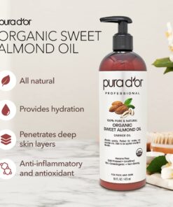 PURA D'OR 16 Oz Organic Sweet Almond Oil - 100% Pure & Natural USDA Certified Cold Pressed Carrier Oil - Hexane Free - Facial Polish, Full Body, Massages, DIY Base, For Face Skin & Hair, Men & Women 20 718s297IxOL 1