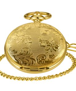 Realpoo Both Sides Gold Carved Flower Quartz Pocket Watch Quartz Movement, Quartz Pocket Watches with Chain Clip for Men-Gold 8 7192mdsb3mL