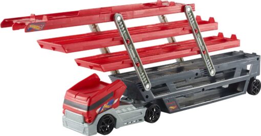 Hot Wheels Playset with Hw MEGA Hauler Toy Truck & 1:64 Scale Car, Stores 50+ Vehicles, Expands to 6 Levels red