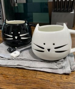 Teagas Cat Coffee Mugs for Crazy Cat Lady - Black & White Ceramic Cat Coffee Mugs and Cute Cat Spoons Set for Coffee Tea 12oz Black/White 26 7196gm308gL