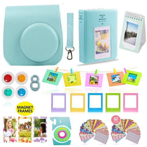 Fujifilm Instax Mini 9 or Mini 8 Instant Camera Accessories Bundle 11 Piece Gift Set Kit Includes BLUE Case with Strap, Albums, Filters, Selfie lens, Hanging + Creative Frames, 60 stickers & More Standard Packaging