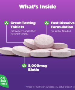 Natrol Beauty Biotin 5000mcg, Dietary Supplement for Healthy Hair, Skin, Nails and Energy Metabolism, 90 Strawberry-Flavored Fast Dissolve Tablets, 90 Day Supply 90 Servings (Pack of 1) 9 7198DGQoyCL