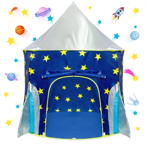 USA Toyz Rocket Ship Pop Up Kids Tent - Spaceship Rocket Indoor Playhouse Tent for Boys and Girls with Included Space Projector Toy and Kids Tent Storage Carry Bag Rocketship Tent