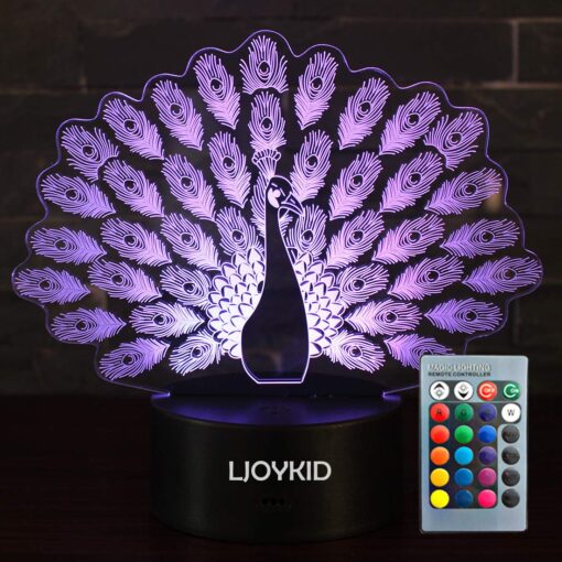 LJOYKID 3D Led Night Light Lamps - Optical Illusion 7 Colors Touch Table Desk Visual Lamp with Remote Control for Gifts for Children Kids (Peacock) Peacock