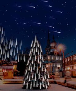 Adecorty Christmas Lights Outdoor, Meteor Shower Lights 12 inch 8 Tubes Snow Falling Rain Cascading Icicle Lights for Xmas Tree, Christmas Decorations Outdoor, Luces de Navidad para Exterior (White) 12 in White 15 719KJJsQL
