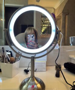 VESAUR 10" Extra Large and 17" Tall Lighted Makeup Mirror, 1X/5X Magnifying Vanity Mirror with 3 Colors Dimmable, 52 Premium LED Lights, 360° Rotation Table Mirror 2 Power Supply, Pearl Nickel XX-Large 38 719NADVb4SL