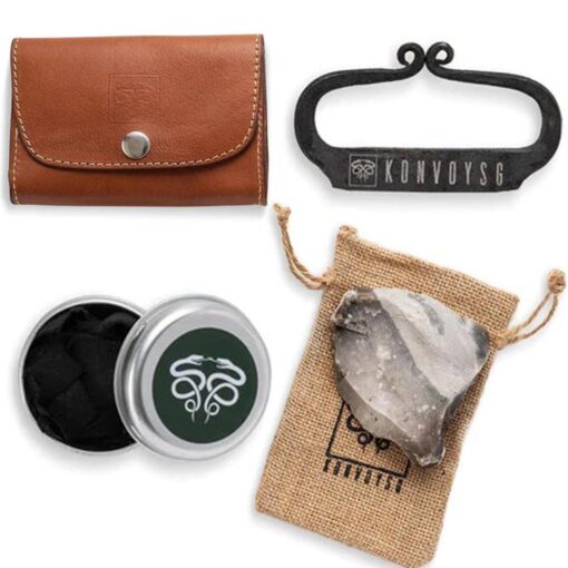 KonvoySG Carbon Steel Fire Striker, English Flint Stone & Char Cloth Traditional Hand Forged Fire Starter, Leather Gift Kit with Emergency Tinder Jute Bag Coyote Brown