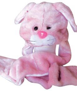 Plush Faux Fur Animal Critter Hat Cap - Soft Warm Winter Headwear - Short with Ear Poms and Flaps & Long with Scarf and Mittens available (Pink Rabbit - 3pc Scarf & Mittens)