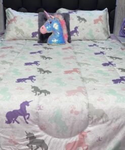Amazon Basics Kid's Easy Care Microfiber Bed-in-a-Bag 7-Piece Bedding Set, Full/Queen, Purple Unicorns, Solid & Printed 38 719OZfv VL 2