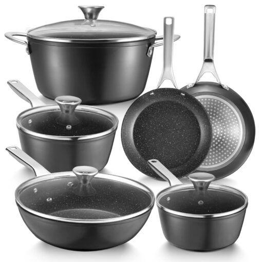 Induction Cookware Set, Fadware Pots and Pans Set Nonstick, Dishwasher Safe Pan Sets for Cooking, Utensils Set w/Frying Pans, Saucepans & Stockpot, Kitchen Essentials for New Home, Black F9102