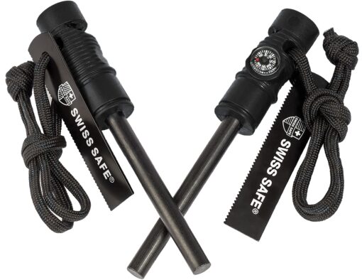 Swiss Safe 5-in-1 Fire Starter with Compass, Paracord and Whistle (2-Pack) for Emergency Survival Kits, Camping, Hiking, All-Weather Magnesium Ferro Rod Black