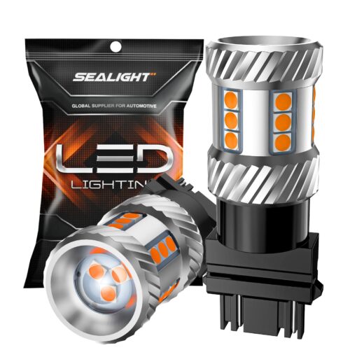 SEALIGHT [2023 New Upgrade] 3157 3156 3057 4157 LED Bulbs, 2700K Amber Yellow Bulb with Projector Lenses Replacement for Front/Rear Turn Signal Blinker Lights or Brake Tail Parking Lights, Pack of 2 Amber/Yellow