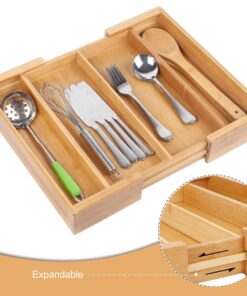 BAMBUROBA Drawer Dividers Silverware Tray Expandable Utensil Cutlery Tray Bamboo Wooden Adjustable 4 Compartments Flatware Organizer Kitchen Storage Holder for Knives Forks Spoons Brown 26 719Y4AzbswL