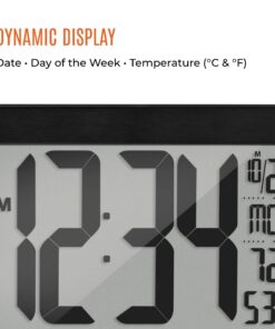 MARATHON Atomic Wall Clock with Stand, Black Frame/Black Stainless Steel Finish - Large, 9-Inch Display - AM/PM or 24-Hour Time Format, 8 Time Zones & Indoor Temperature - Two AA Batteries Included Black Brushed Steel + Square Edges 17 719ZhkJM1WL