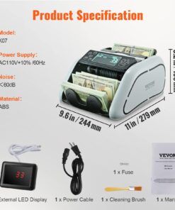 VEVOR Money Counter Machine, Bill Counter with UV/MG/IR/DD/DBL/HLF/CHN Counterfeit Detection, Counting/Value Count/Add/Batch Modes, USD/EUR Money Counting Machine with LCD Display for Small Business 27 719j 8KvqL