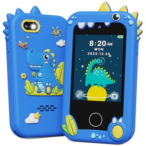 KOKODI Kids Smart Phone Toys, Birthday Gifts Idea Dinosaur Toys for 3 4 5 6 7 8 Year Old Boys, Touchscreen HD Digital Dual Video Camera, Preschool Learning Toy for Kids 3-5 Travel Trip Activity (Blue) Dinosaur-blue