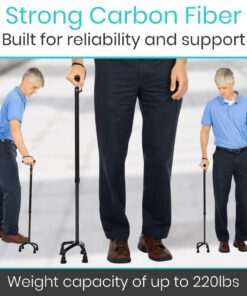 Vive Carbon Fiber Quad Cane - Ultra Lightweight Walking Stick For Men, Women - Adjustable Ergonomic Grip Handle - Nonslip Four Prong Rubber Tips For Right, Left Stability Support - Mobility Travel Aid Black 16 719mTJQkhoL