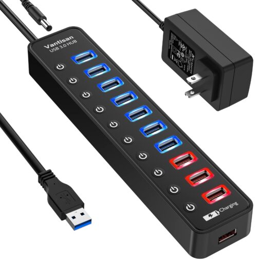 vantisan Powered USB 3.0 hub, 11-Port USB Hub Splitter Extension 7 USB 3.0 Data Ports + 4 Smart Charging Ports with Separate LED On/Off Switches and 12V/3A Power Adapter for USB Devices. black