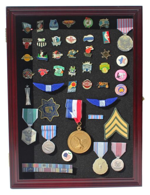 DisplayGifts Collector Medal Lapel Pin Shadow Box Display Case Holder Cabinet Shadow Box PC01 Cherry Finish