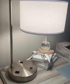 360 Lighting Colby Modern Desk Table Lamp with Hotel Style USB and AC Power Outlet in Base 21" High Brushed Nickel White Linen Drum Shade for Living Room Bedroom House Bedside Reading Home 39 719xscfBlPL