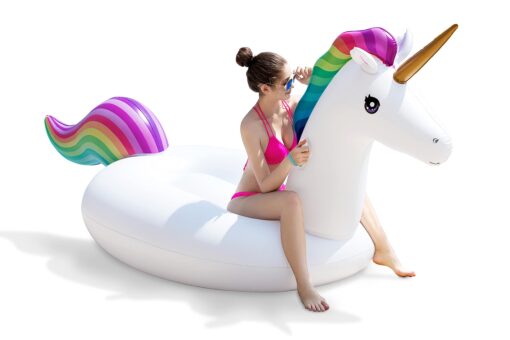 Jasonwell Big Inflatable Unicorn Pool Float Floatie Ride On with Fast Valves Large Rideable Blow Up Summer Beach Swimming Pool Party Lounge Raft Decorations Toys Kids Adults 3XL Rainbow