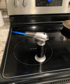 Blow Torch, Professional Kitchen Cooking Torch with Lock Adjustable Flame Refillable Mini Blow Torch Lighter for BBQ, Baking, Brulee Creme, Crafts and Soldering(Butane Gas Not Included) Silver+black 45 71A79KXCmQL