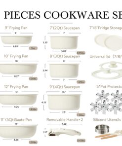 Alternative view of CAROTE 21pcs Pots and Pans Set, Nonstick Cookware Set Detachable Handle, Induction Kitchen Cookware Sets Non Stick with Removable Handle, RV Cookware Set, Oven Safe Cookware Set Cream White 21 pcs Granite Set