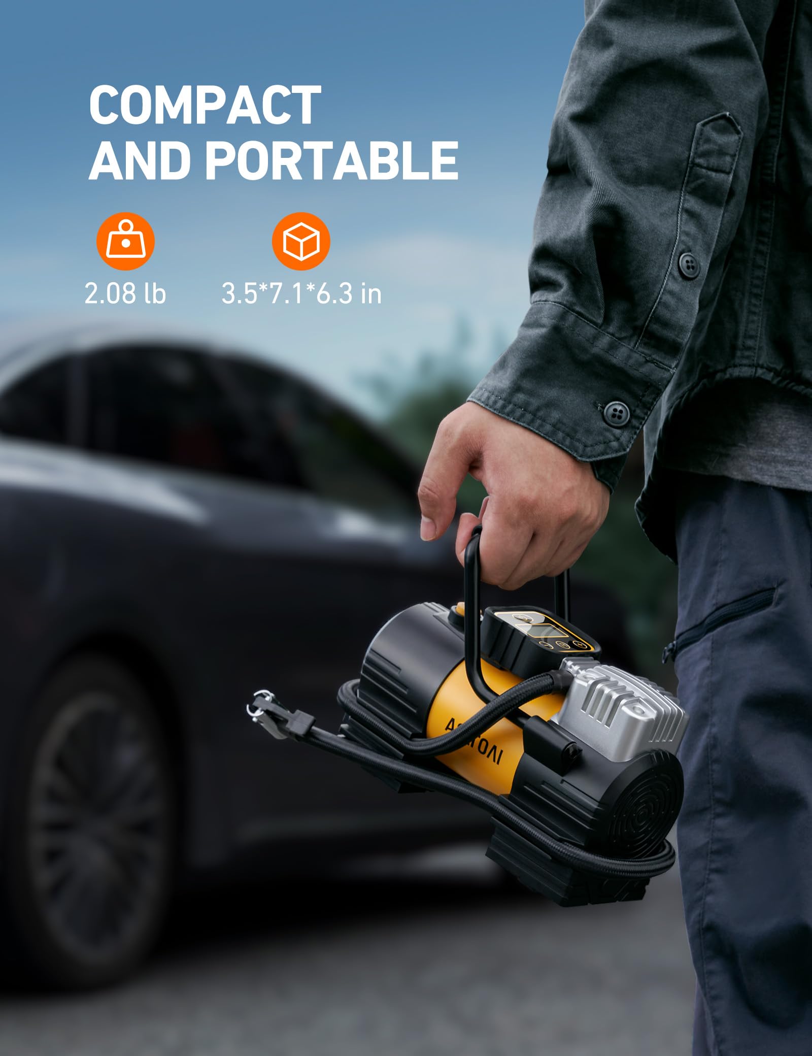 AstroAI Tire Inflator Portable Air Compressor (Up to 150 PSI) Tire Pump for Car 12V DC Digital Air Pump with 12 LEDs Super Bright Light for Bicycle, Motorcycle, Automotive Car Accessories Yellow Type 2 5 AstroAI Tire Inflator Portable Air Compressor (Up to 150 PSI) Tire Pump for Car 12V DC Digital Air Pump with 12 LEDs Super Bright Light for Bicycle, Motorcycle, Automotive Car Accessories Yellow Type 2 - Image 5