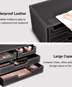 KINGFOM PU Leather Desk Organizer with 4 Drawers Small, Desktop Organizer Drawer for Office Supplies Accessories, Stationery Storage Box Bills Collection Holder Black Small Drawer Black 19 71AJd8sWk3L