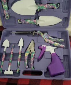 Garden Tools Set, JUMPHIGH 10 Pieces Gardening Tools with Purple Floral Print, Ergonomic Handle Trowel Rake Weeder Pruner Shears Sprayer, Garden Hand Tools with Carrying Case Gardening Gifts for Women 33 71AMYQ4hbkL