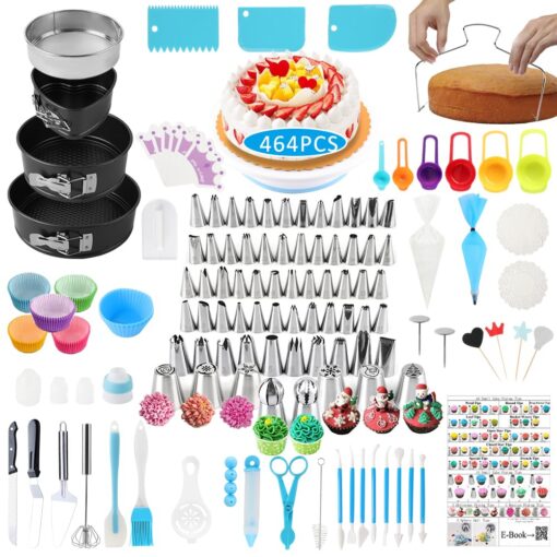 Cake Decorating Supplies, 464 PCS Baking Supplies Kit Set with 3 Springform Pan Sets, 66Icing Piping Nozzles, Cake Rotating Turntable, 40Cake Topper,100 Piping Bags, Mother’s Day Gift